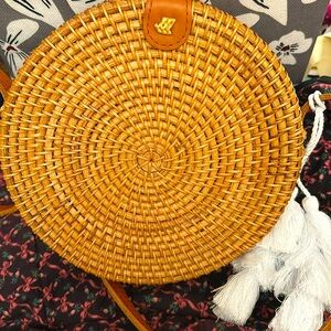 Artisan round, rattan, wicker purse, leather hardware tan color Crossbody